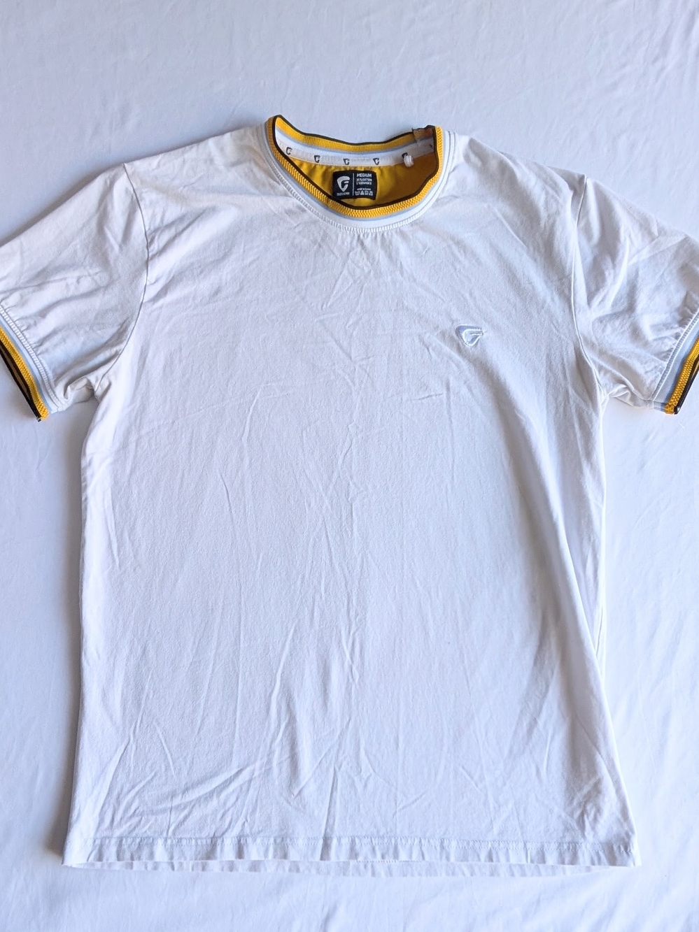 Fried Denim Men's M White Crew Neck Short Sleeve Knit T-Shirt Logo Yellow Trim